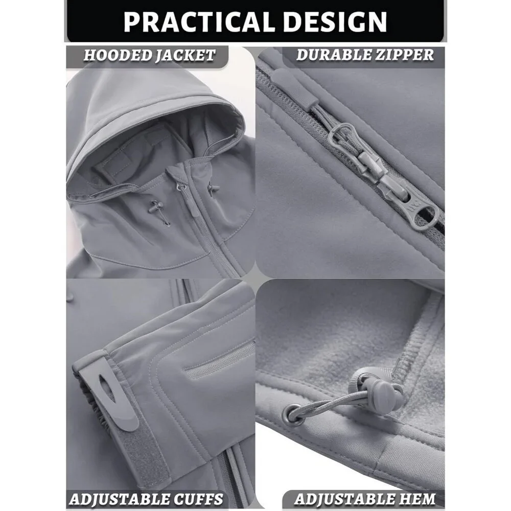 Men's #02-light Grey Tactical Soft Shell Winter Jacket with Fleece Lining & Hood
